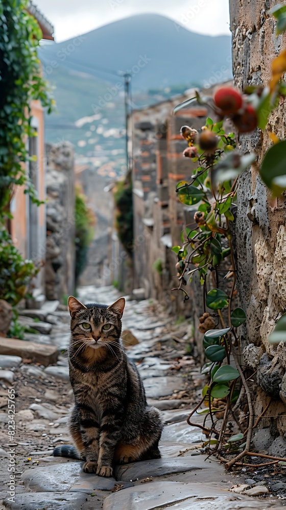 Within ancient ruins of Pompeii a stray cat prowls through the crumbling stone streets in search of mice