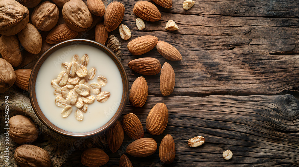 Fresh Yogurt Bowl with Oats, Almonds, and Citrus on Wooden Background Fresh Yogurt Bowl with Oats, Almonds, and Citrus on Wooden Background