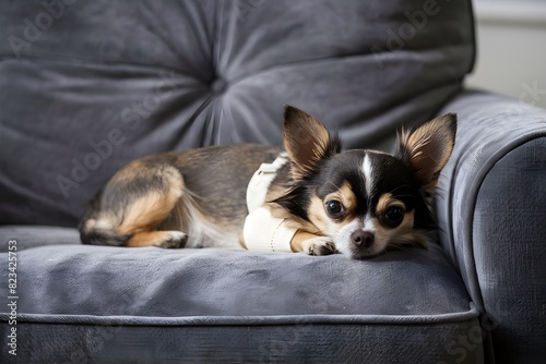 Chihuahua with bandage rests on couch, looking calm and relaxed indoors photo