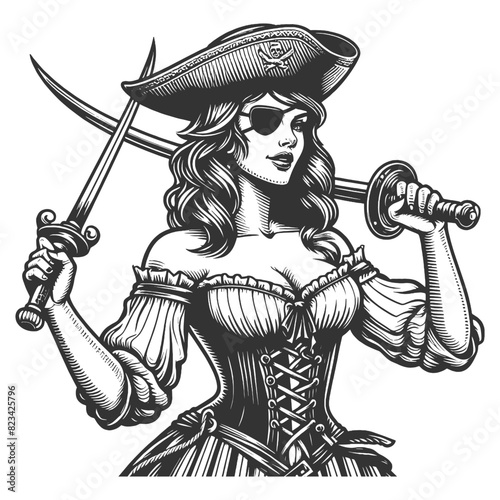 pirate woman holding two swords, wearing eyepatch and traditional pirate attire sketch engraving generative ai fictional character vector illustration. Scratch board imitation. Black and white image