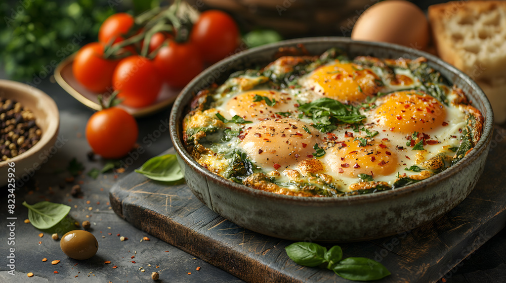 Savory Baked Eggs in Spinach and Tomato Skillet Savory Baked Eggs in Spinach and Tomato Skillet