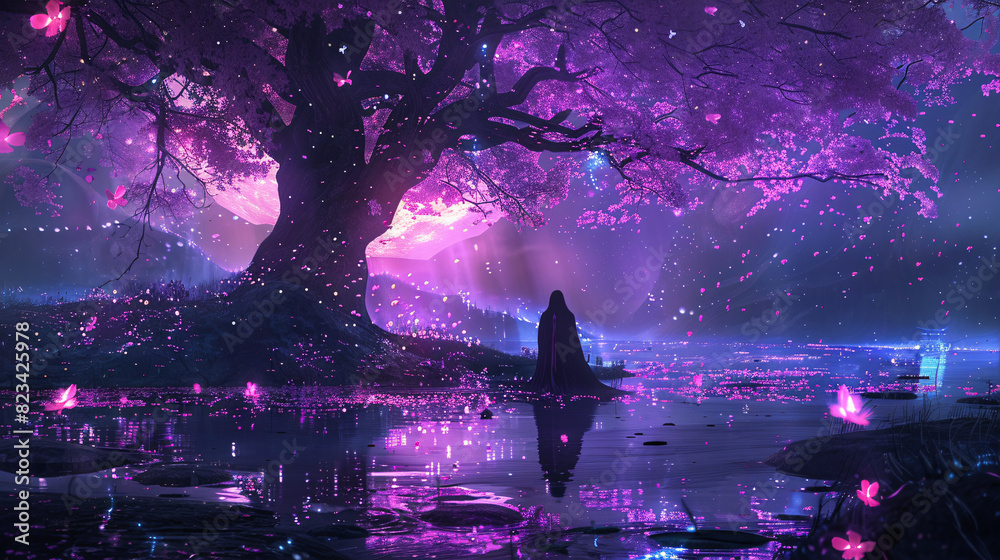 Fototapeta premium Magical night under the sakura tree. Enchanting night scene with a lone figure under a glowing sakura tree, fireflies, and a dreamy cityscape in the background. Perfect for fantasy or nature themes.