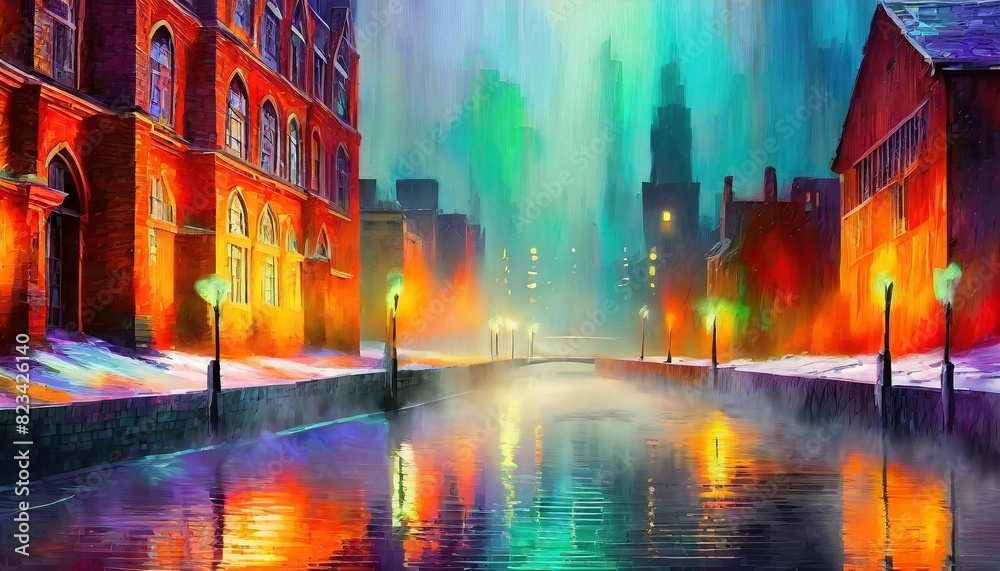 Brick Wall City Scape with fog and river at winter