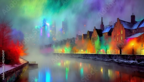 Brick Wall City Scape with fog and river at winter