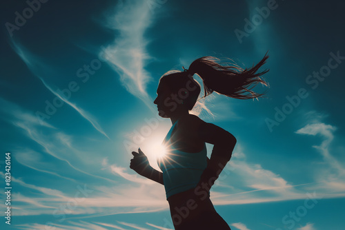 Silhouette of a Female Runner Against the Sun and Blue Sky