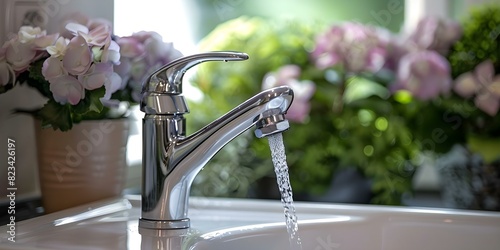 Save water by using efficient faucets and being mindful of water usage. Concept Water Conservation, Efficient Faucets, Mindful Usage, Sustainability, Eco-Friendly Choices photo