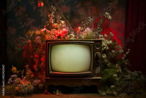 Classic tv set surrounded by a vibrant mix of colorful flowers on a dark backdrop