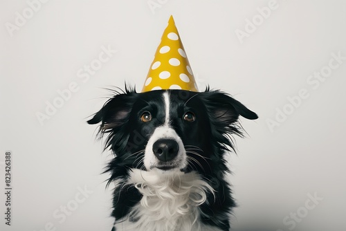 Black and white dog in yellow party hat with white polka dots photo
