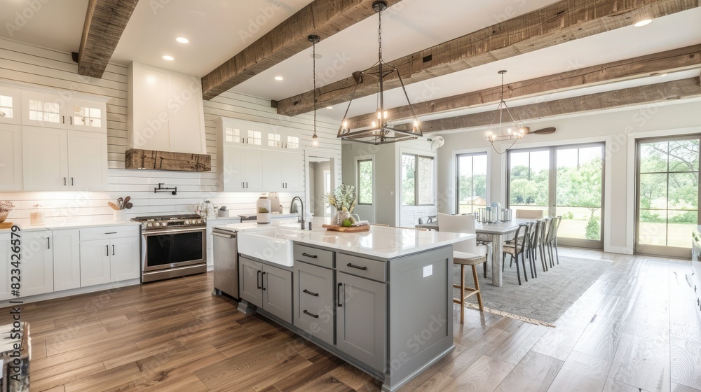 A grey and white modern farmhouse. A grey and white modern farmhouse.