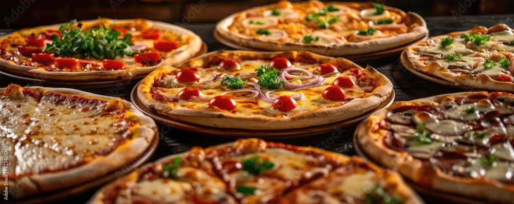 Fototapeta premium A variety of delicious pizzas with different toppings, showcasing a colorful and appetizing selection perfect for any pizza lover.
