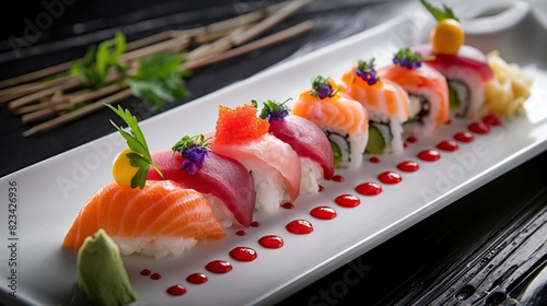 Gourmet Sushi Roll Plated with Artistic Presentation photo
