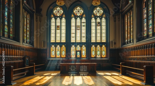 Stained glass window in a church interior for religious or historical designs photo