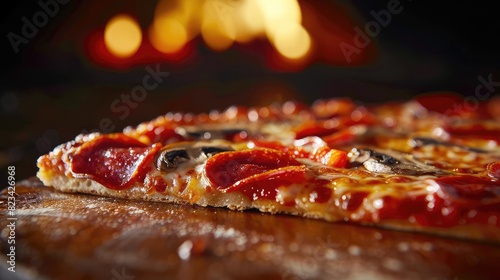Delicious pepperoni pizza with melted cheese and mushrooms, freshly baked in a wood-fired oven, served on a rustic wooden board.