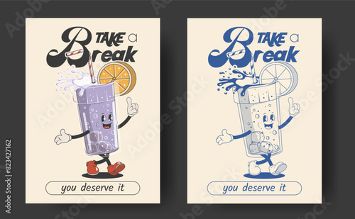 Funny retro styled poster or card or t-shirt print design template with cocktail character and typographic composition with monochromatic version. Vector illustration
