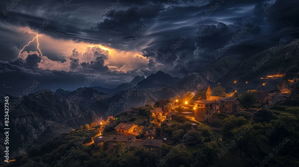 Stormy night over a village with lightning