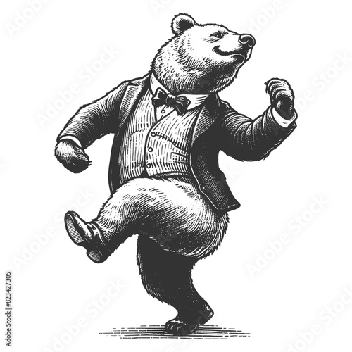 Dancing standing bear pointing with its paw sketch engraving generative ai fictional character vector illustration. Scratch board imitation. Black and white image.