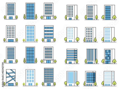 Office buildings color vector icon collection