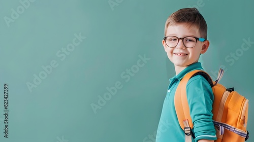 Smiling young boy with glasses and backpack ready for school, standing against a green background.