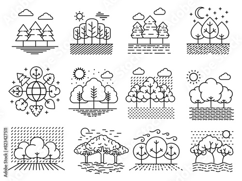 Forest and countryside landscape line icon collection