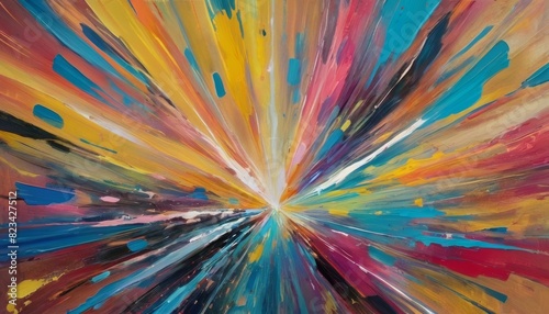 A stunning abstract painting featuring an explosion of vibrant colors radiating from a central point, creating a dynamic and impactful visual experience.