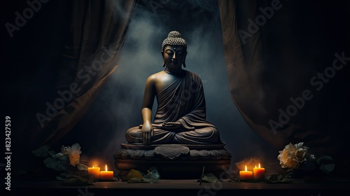 serenity buddha in a dark background photo