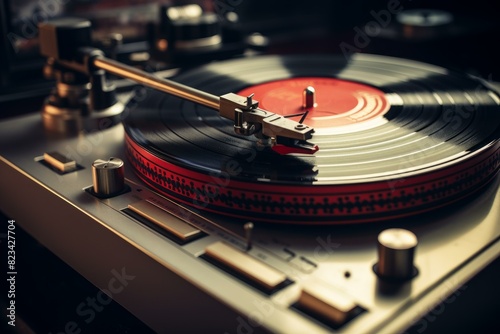 Close-up of a needle on a record, with a soft-focus vintage turntable background photo