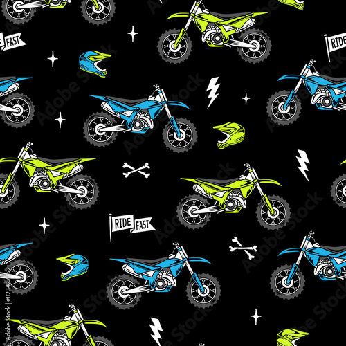 Vector motocross seamless pattern. Dirt bike cartoon repeat pattern.
