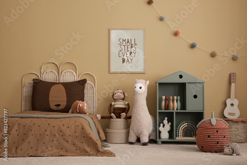 Yellow kids room interior with mock up poster frame, braided bed, green shelf, plush lampa, monkey, guitar, brown bedding, rug, basket, colorful toys and personal accessories. Home decor. Template.