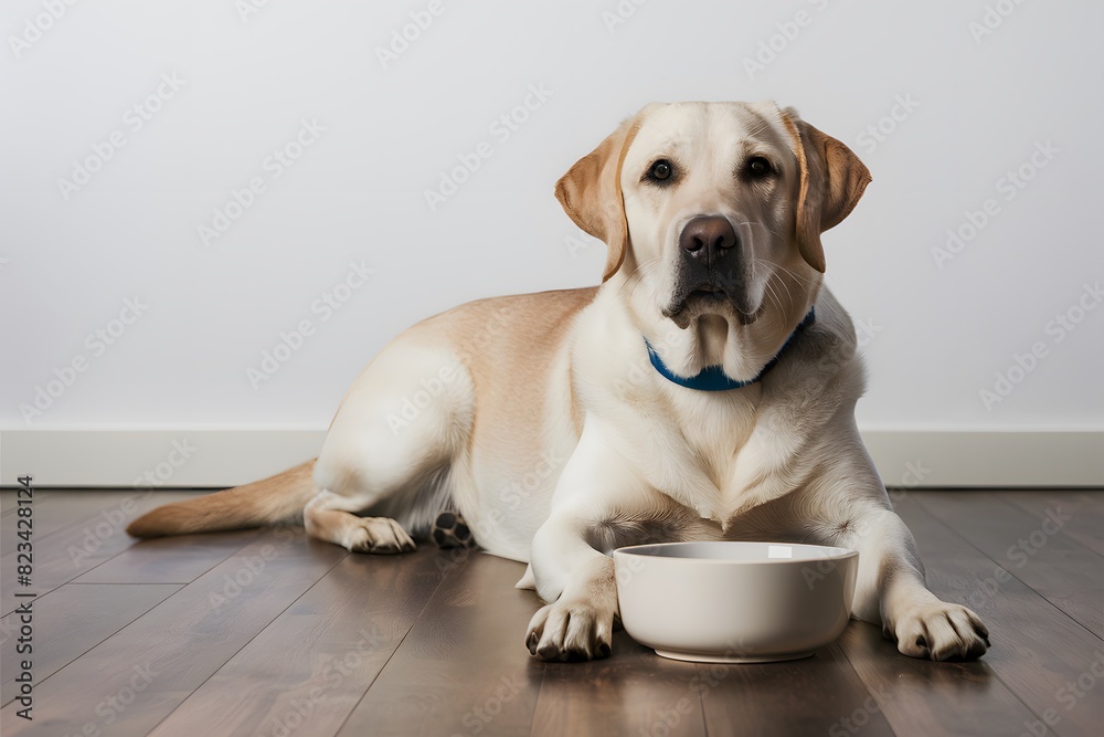 Serene Labrador sitting beside bowl, making direct eye contact, against white backdrop