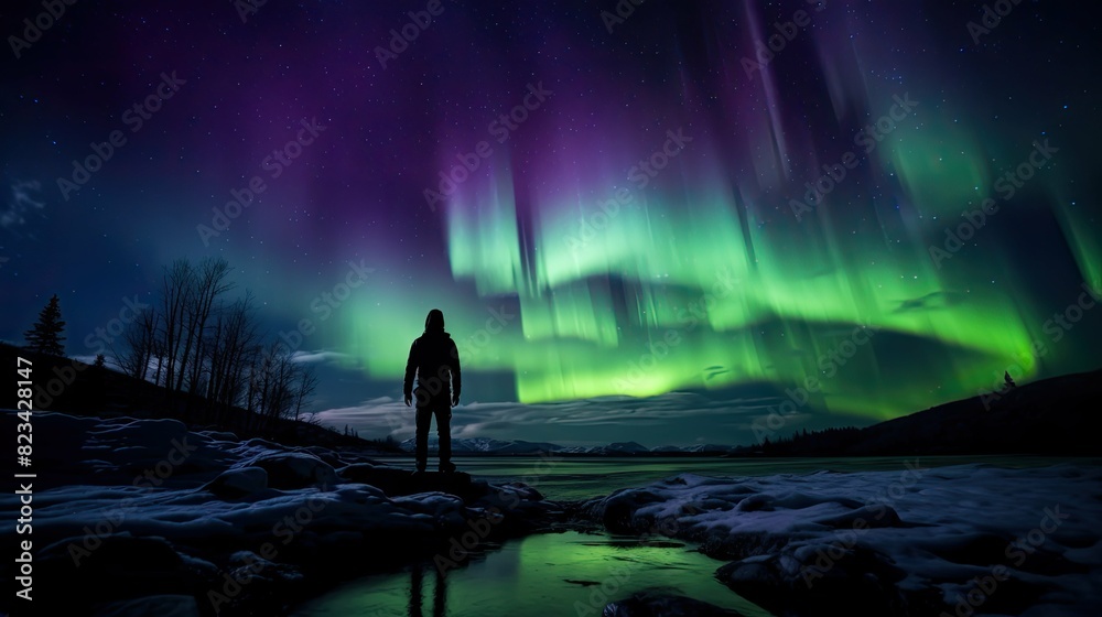 night northern lights person