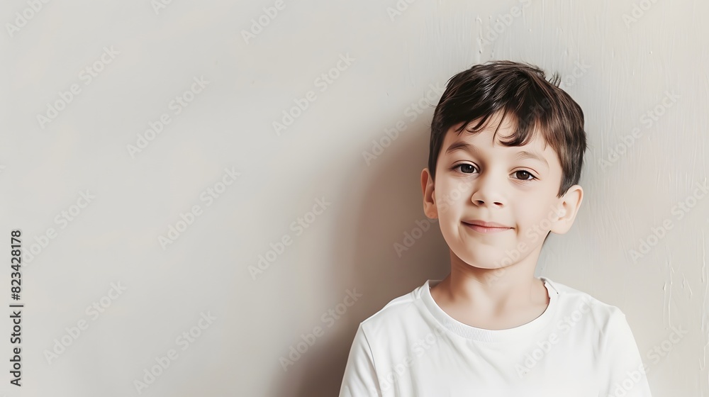 Smiling young boy in a white shirt stands against a light-colored wall, exuding innocence and warmth. Smiling young boy in a white shirt stands against a light-colored wall, exuding innocence and warmth.