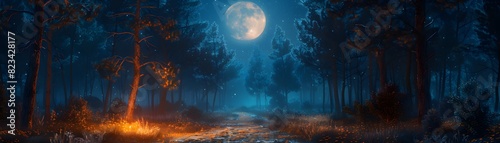 Moonlit path in a nighttime forest, showcasing the serenity of an evening hike under the stars photo