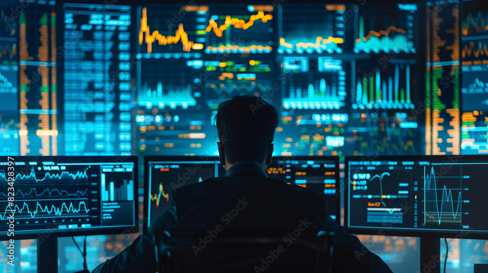 Professional Trader Analyzing Financial Data on Multiple Computer Screens Professional Trader Analyzing Financial Data on Multiple Computer Screens