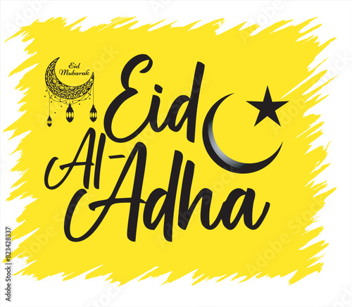 Print, Eid Greetings written in English calligraphy translate (Happy Eid al Fitr), with Mosque background theme