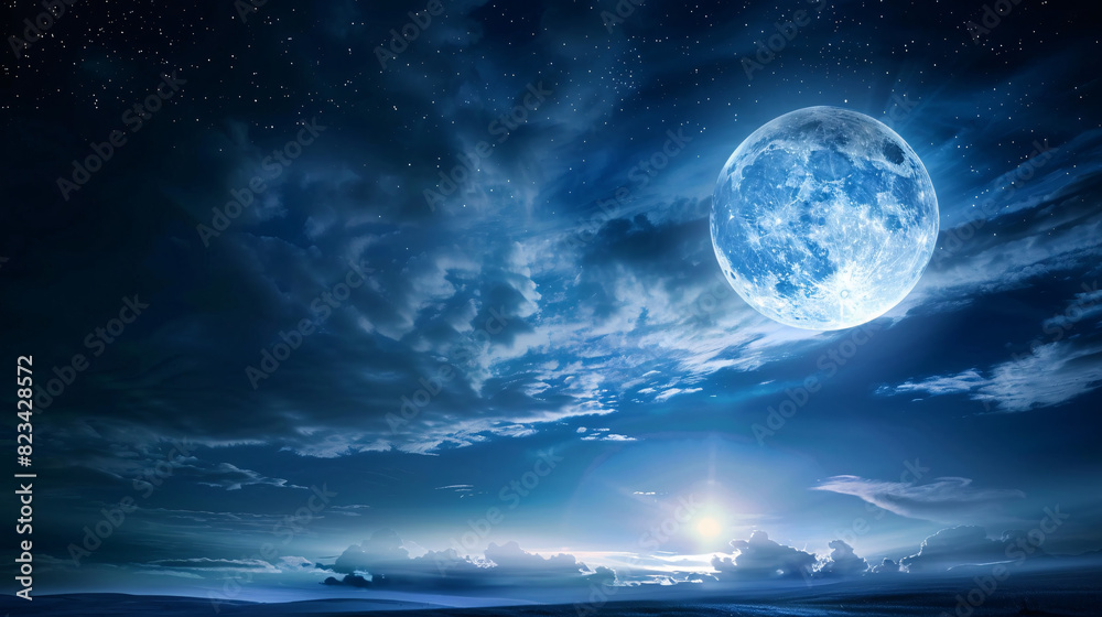 Blue moon rising over night sky. Stunning blue moon illuminating a cloudy night sky, perfect for projects related to astronomy, nature, and fantasy. Blue moon rising over night sky. Stunning blue moon illuminating a cloudy night sky, perfect for projects related to astronomy, nature, and fantasy.