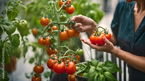 Kleiner Balkongarten mit reifen Tomatenpflanzen photo