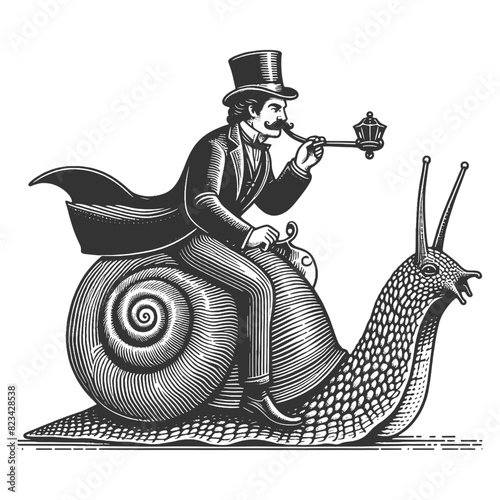 Gentleman man riding large, detailed snail, blending whimsy with realism sketch engraving generative ai fictional character vector illustration. Scratch board imitation. Black and white image.