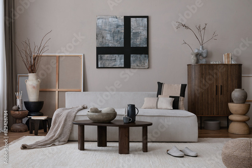 Warm and cozy living room interior with mock up poster frame, green sofa, wooden coffee table, beige wall, stylish sideboard, beige carpet, plaid and personal accessories. Home decor. Template.