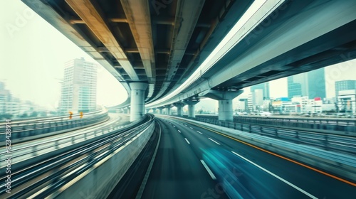 Beautiful highway overpass with fast motion blur effect on modern city background. Generated AI © Leafart
