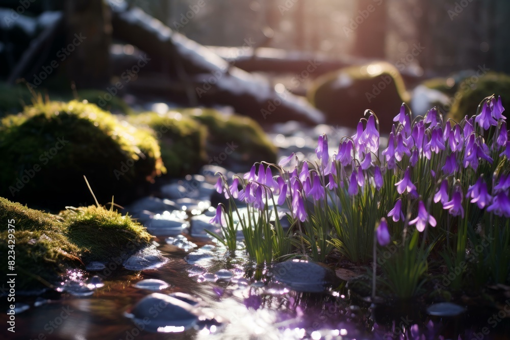 Obraz premium Sunlight filters through trees onto wildflowers by a forest creek