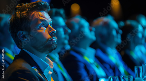 A speaker at a prestigious business conference presents innovative strategies for future growth. The audience, composed of industry experts, listens with rapt attention