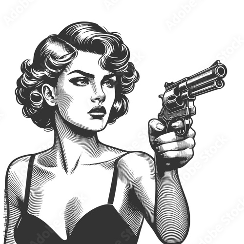 Woman femme fatale confidently wielding a revolver, classic embodiment of film noir aesthetics sketch engraving generative ai fictional character vector illustration. Black and white image.