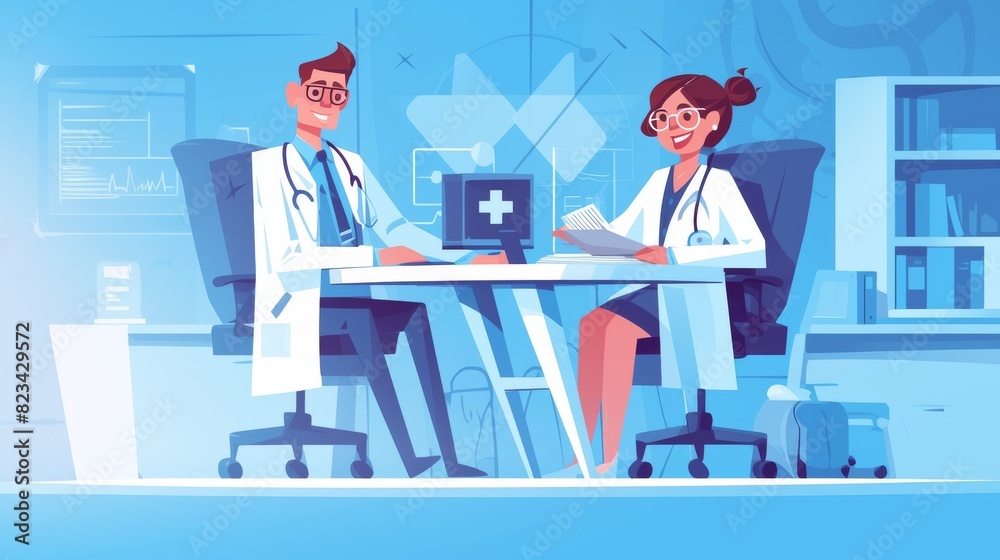 The character of a doctor at a desk with a computer. Cartoon modern illustration set of a medical professional character in white clothes, sitting at a table with a computer screen and documents in The character of a doctor at a desk with a computer. Cartoon modern illustration set of a medical professional character in white clothes, sitting at a table with a computer screen and documents in