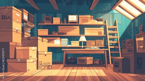 Interior of a basement room. Storage in a cellar at home. A shelf on a wall in a storeroom. Furniture in an indoor warehouse. Table, cardboard boxes and a wooden staircase in a building storage area.