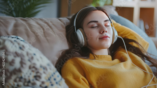 At home on a comfortable couch, a brunette young woman enjoys listening to music. 