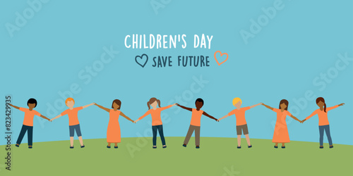 children of different skin color holding hands on childrens day vector illustration