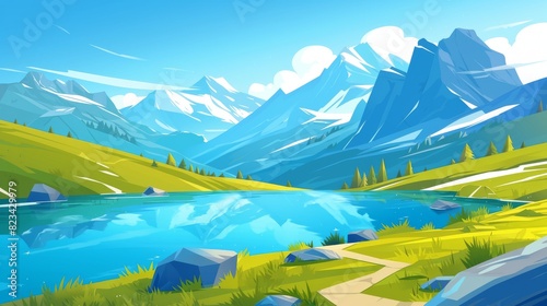 Modern cartoon illustration of beautiful alpine scenery with footpath on green grass, clear water under sunny sky, rocky peaks, and glacier on horizon.
