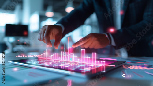 Businessman Interacting with Augmented Reality Financial Data on Tablet