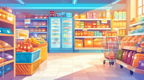 An aisle inside a grocery store inside a modern cartoon. A supermarket shelf and refrigerator for food. A basket  cart  and fridge to display fish  meat  and vegetables. Indoor mall furniture design