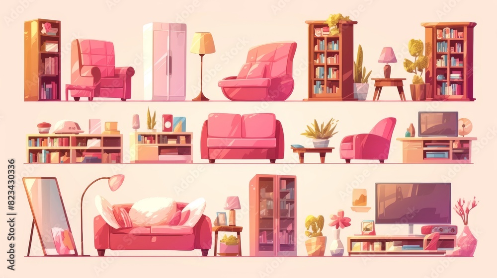 Modern cartoon illustration of pink living room furniture set isolated on white background including armchair with fluffy puff and textile cushion, shelf with books, lamp, flowerpots, and floor mat.